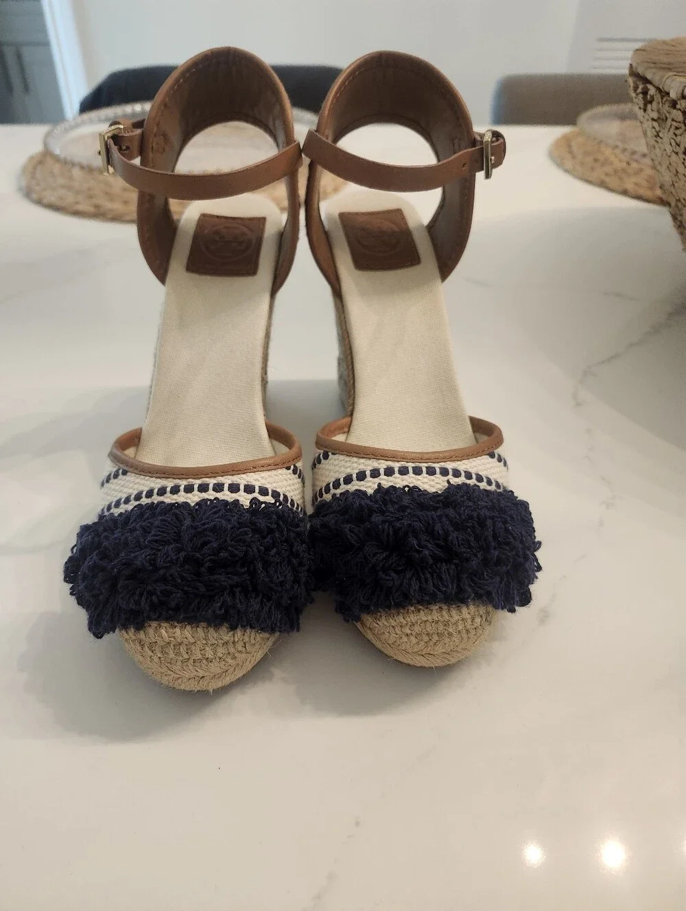 Tory Burch Shaw Espadrille Wedge Sandals  In Navy Sea & Royal Tan Sz 8